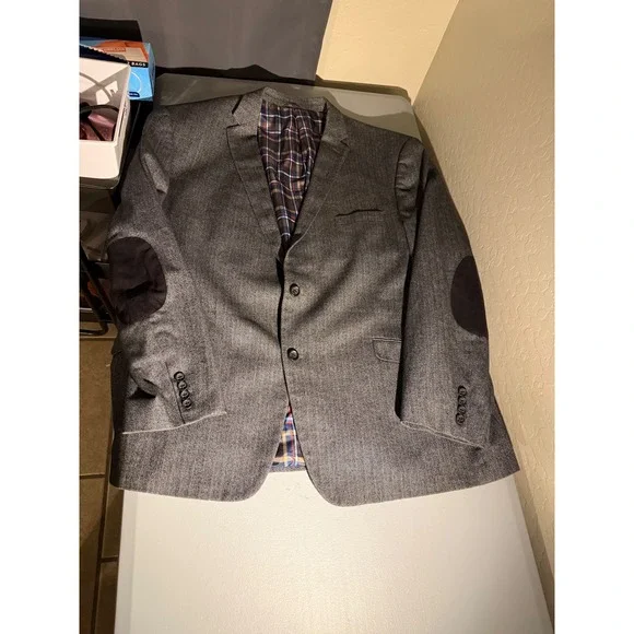 US Polo Assn Mens Grey Herringbone Blazer Elbow Patch Plaid Lining GLE4017J