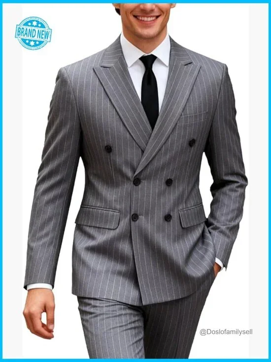 Pinstripe Double Breasted Tuxedo Suit Slim Fit Formal Blazer Pants Classic