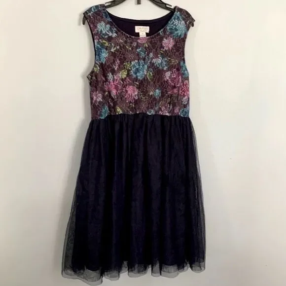 THE CHILDREN’S PLACE Big Girls Navy Blue Floral Lace Tulle Tank Dress Size 10