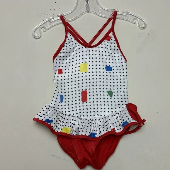VTG Ruffle Bow Girls White Black PolkaDot Red Trim Swimsuit Bathing Suit 12-18M