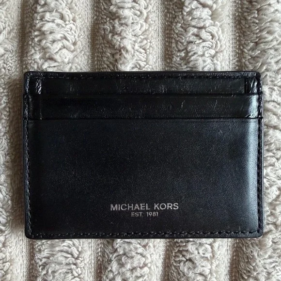 Michael Kors Black Leather Slim Card Case Wallet with ID Window Logo Est 1981