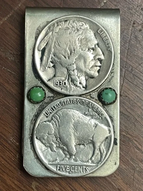 Vintage Buffalo Nickel -Inlay Money Clip with Turquoise Stone Accents