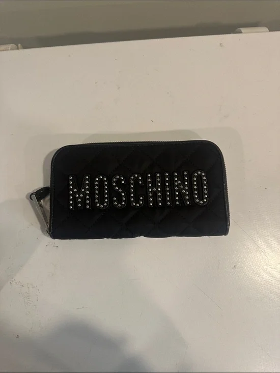 Moschino Black Quilted Zip Card Holder with Studded Logo
