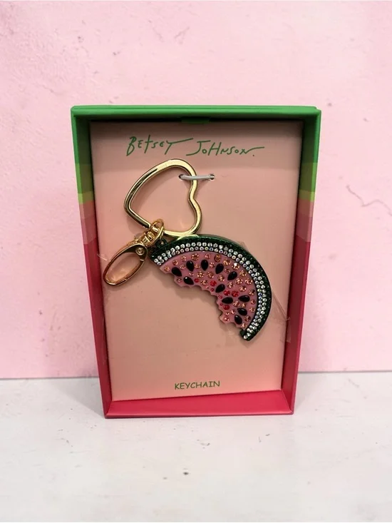 Betsey Johnson Pink & Green Watermelon Crystal Keychain with Gold Heart Clasp