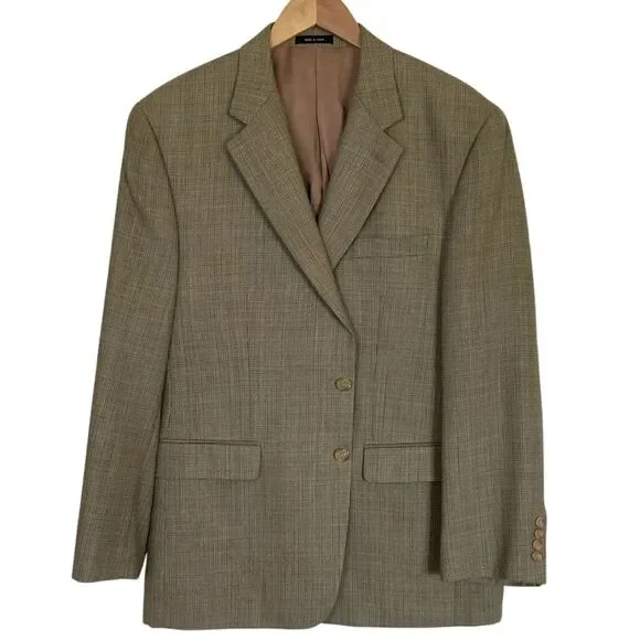 Lauren Ralph Lauren Mens‎ Silk Wool Blend 2 Button Blazer Size 44R Tan Plaid