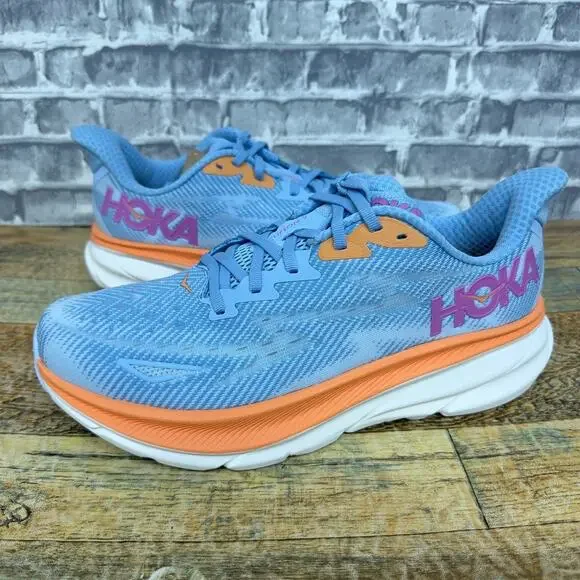 Hoka One One Clifton 9 Airy Blue White Orange 1127896-ABIW Womens Size 9.5 B New