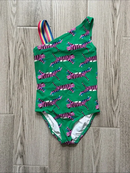 Kids One-Shoulder Green Swimsuit with Pink Tiger Print