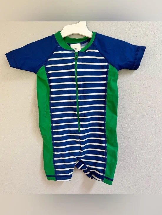 Hanna Andersson Kids Blue Green Striped Rash Guard One Piece Swimsuit Size‎ 80