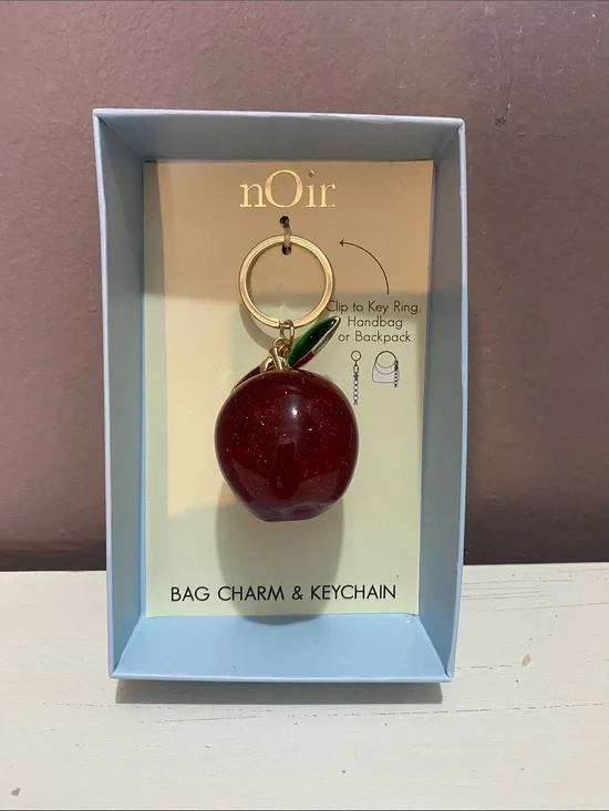 nOir - Glitter Red Apple Bag Charm with Green Leaf