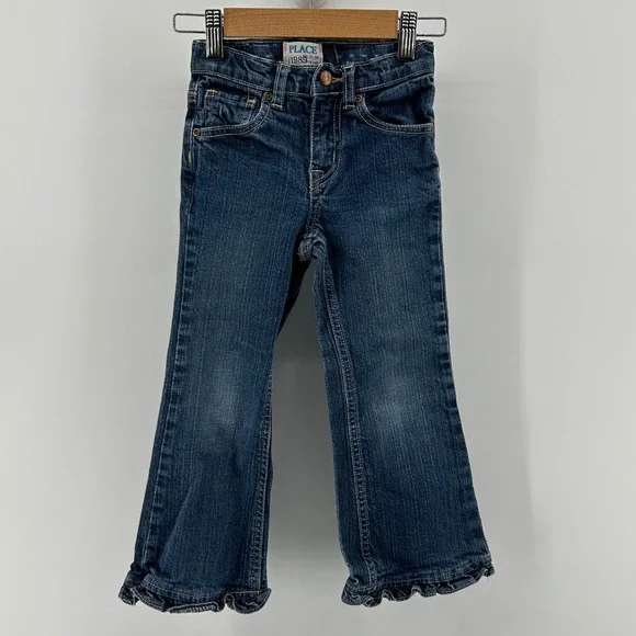 The Children's Place Girls 5T Ruffle Flare‎ Stretch Jeans Blue Denim Dark Wash