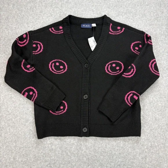 Childrens‎ Place Cardigan Sweater Girls L Black Pink Smiley Face Layering NWT
