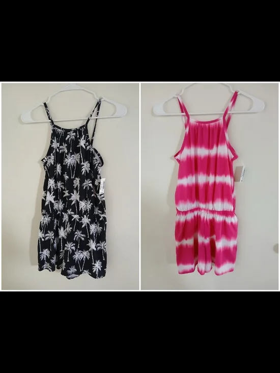 Girls' Sleeveless Rompers - Black Palm Print & Pink Tie-Dye
