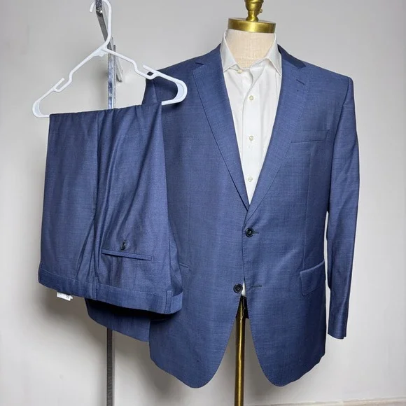 Hugo Boss‎ Suit Mens 46R 38x27 Blue Micro-pattern Guabello Super 130s Wool 2pc