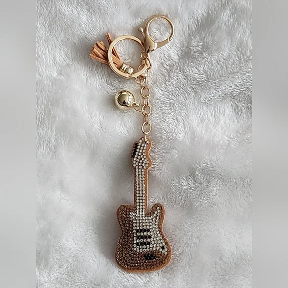 Guitar Keychain with Rhinestones and Gold Accents Bag Charm