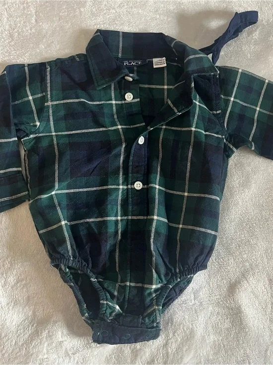 The Children's Place Green & Navy Plaid Button Up Bow Tie Shirt Onesie 6~9M