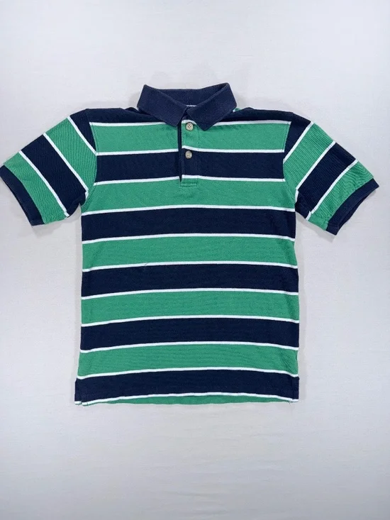 The Children's Place Boys Striped Polo Shirt Medium 7/8 Navy Green White