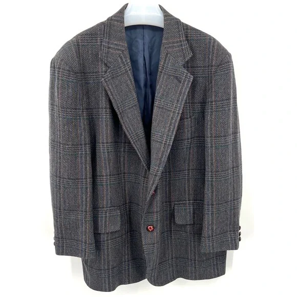 Men's Pendleton Blazer Jacket Wool Dark Blue Plaid‎ Leather Buttons Size 46