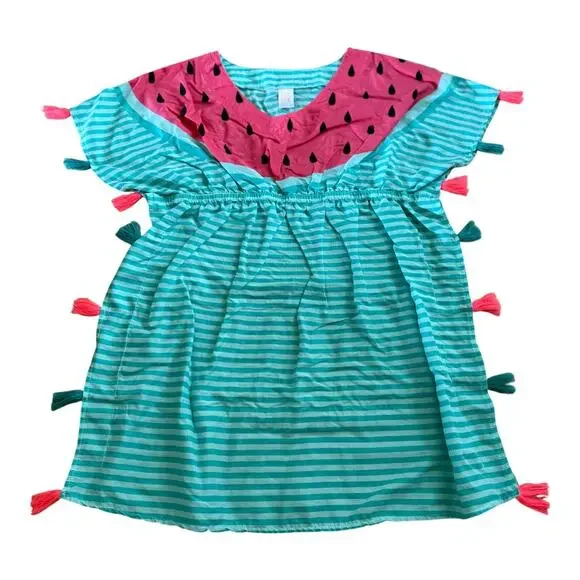 Girls XL 14-16 Cat & Jack Watermelon Pink Green Tassel Stripe Swim Cover Up