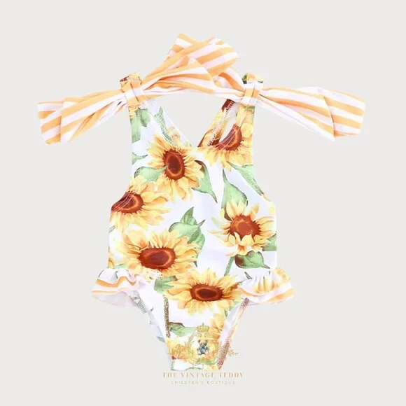 NWT Pretty Girls One-Piece Swimsuit Swimwear for Kids Sunny Day Sunflowers 3-4T