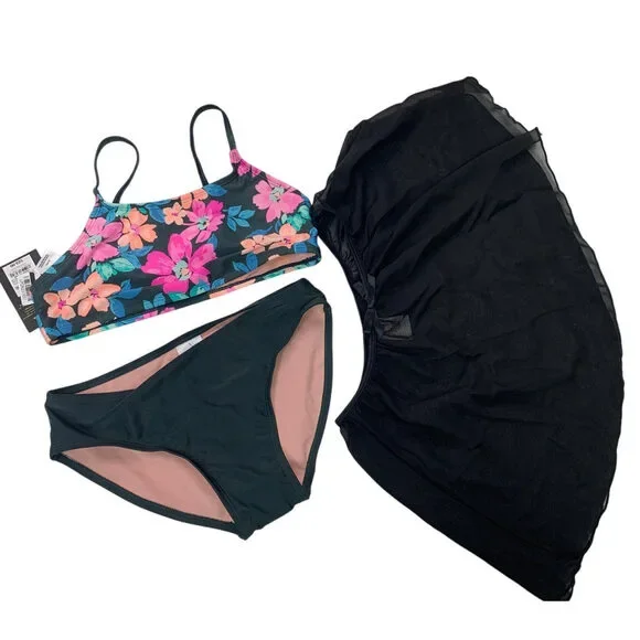 New Art Class Girls XL UPF 50+ Floral Bikini w Swim Skirt 3PC Swimsuit Set