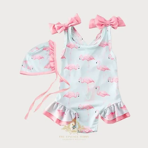NWT Pretty Girls One-Piece Swimsuit & Hat Swimwear for Kids Pink Flamingo 3-4T