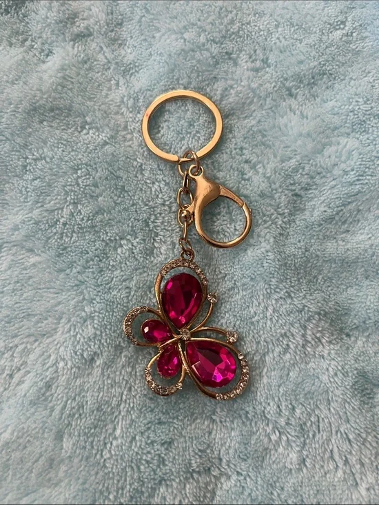 Gold-Tone Pink Crystal Butterfly Keychain