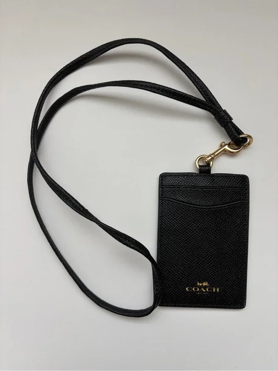 Coach Black Leather Card Holder Lanyard with Gold Hardware