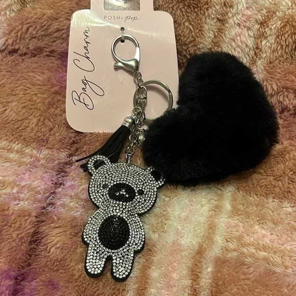 Keychain Black Rhinestone Teddy & Heart Pom Bag Charm