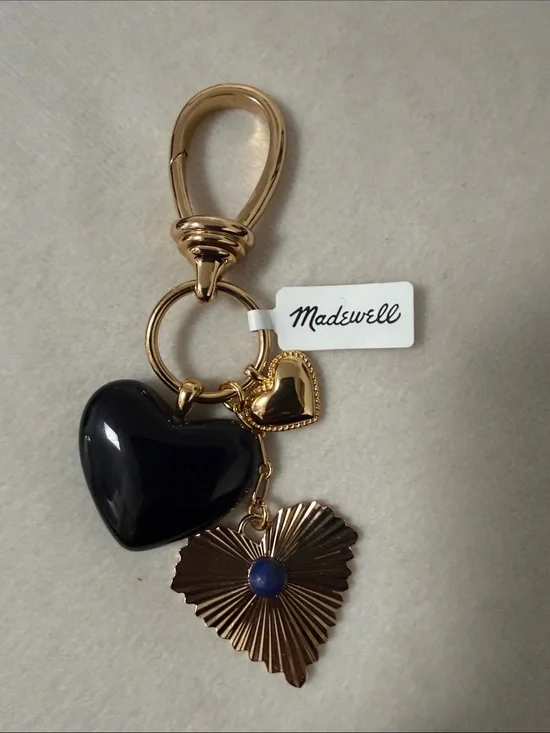 New Madewell Black and Gold Heart Charm Keyring with Blue Accent