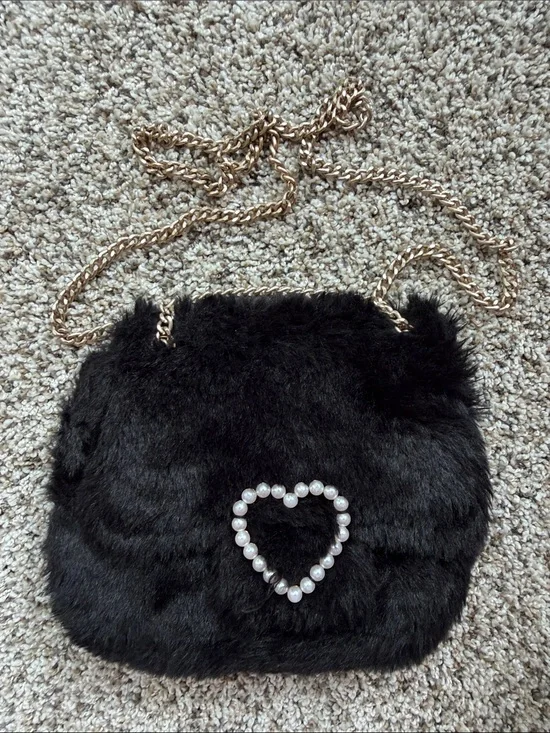 Children's Place Black Faux Fur Crossbody Bag with Pearl Heart Accent