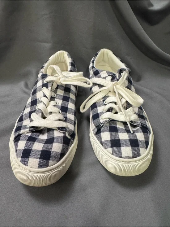 J. Crew Navy and White Gingham Lace-Up Canvas Sneakers-0023