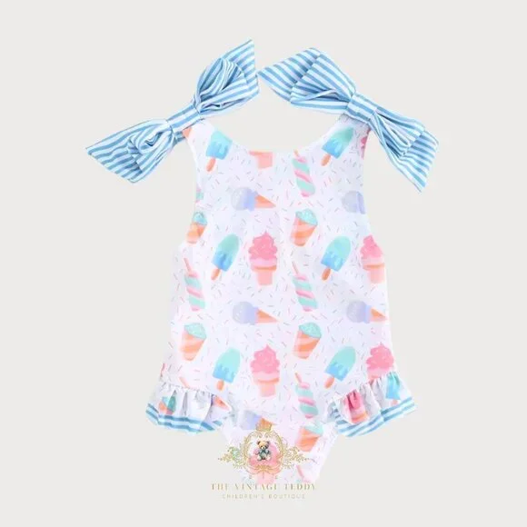 NWT Pretty Girls One-Piece Swimsuit Swimwear for Kids Ice Cream Sprinkles 5-6T