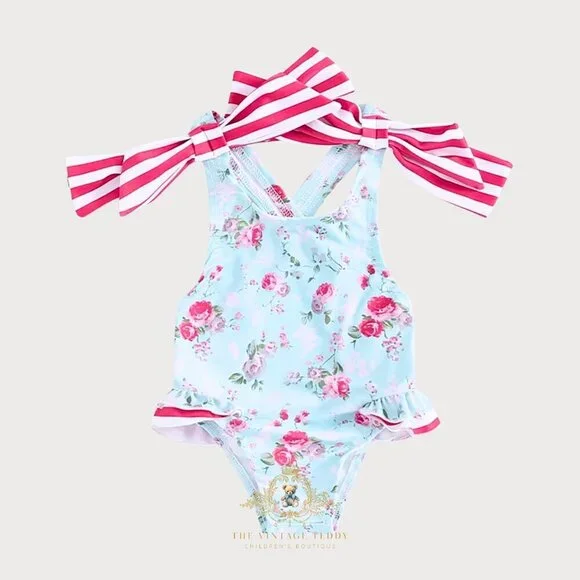NWT Pretty Girls One-Piece Swimsuit Kids Swimwear Sweet Botanical Roses 3-4T
