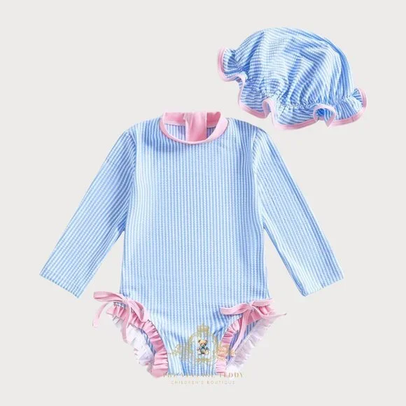 NWT Pretty Girls One-Piece Swimsuit Bonnet Kids Swimwear Girls Beachwear 18-24M