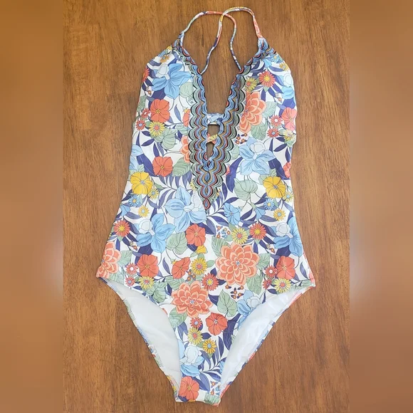 NWT Stunning Chic 1pc Floral Swimsuit Blue, Orange, Yellow Med Tall Accent/chest