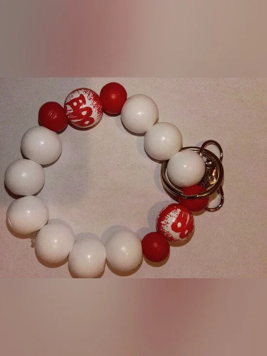 Red and White Beaded Keychain Bracelet