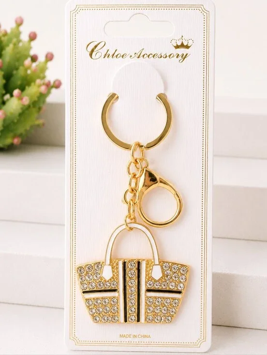 Women's Rhinestone Handbag Keychain Bag Charm Gold Tone Black Purse Accessories