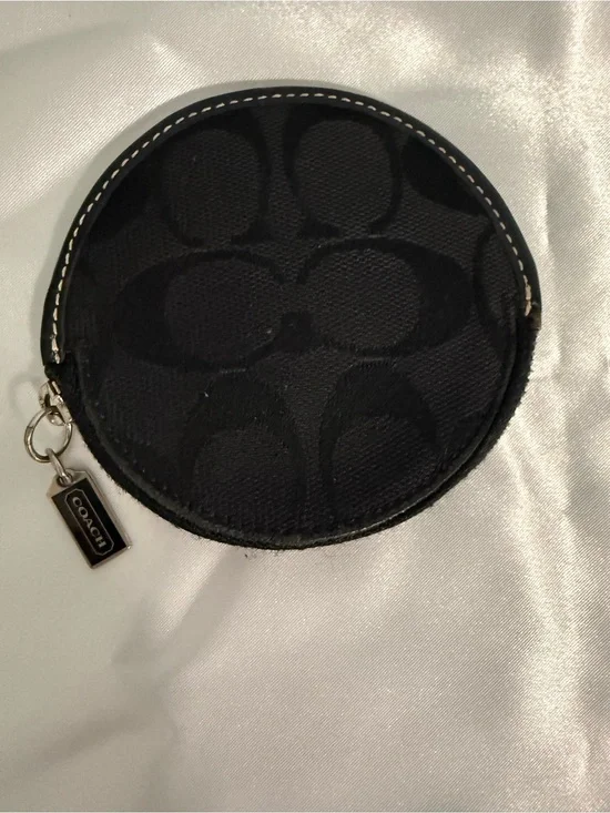 Coach Black Signature Round Coin Pouch with Silver Charm