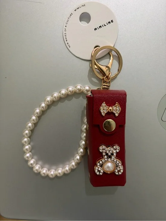 Mimiline Red Pearl Charm Key & Card Holder Wristlet