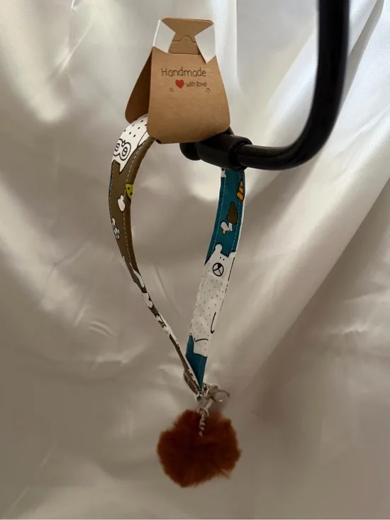 Handmade Owl and Bear Pattern Wristlet Keychain with Brown Pompom