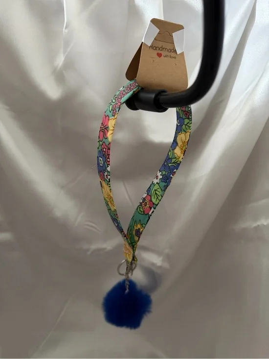Handmade Multi-Color Floral Wristlet Keychain with Navy Blue Pompom