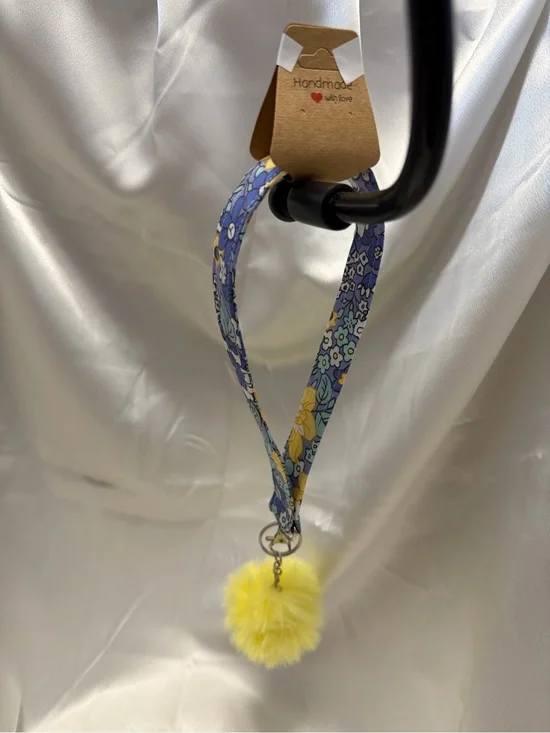 Handmade Blue and Yellow Floral Wristlet Keychain with Yellow Pompom
