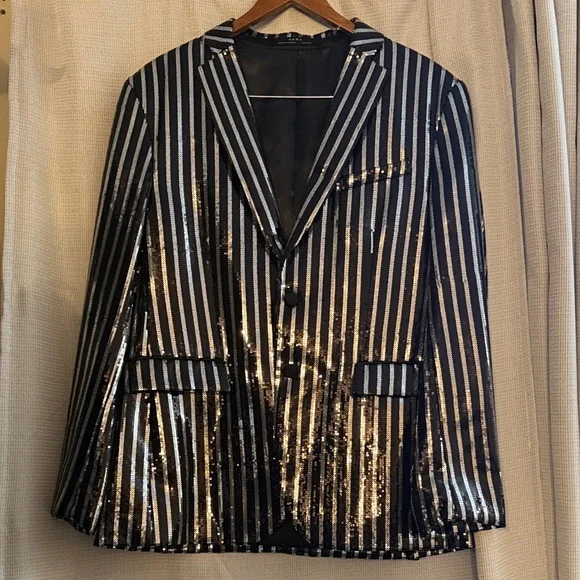 Zara Black and Silver Striped Sequin Blazer