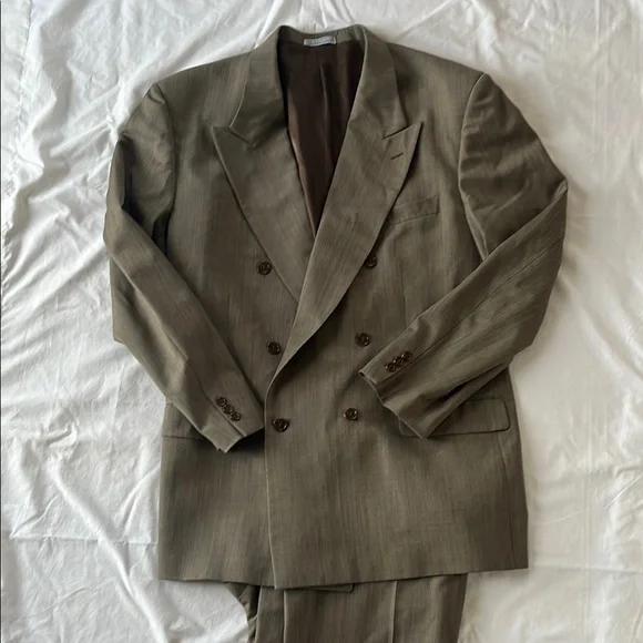 Men's Double-Breasted Olive Green Suit Jacket - Unbranded