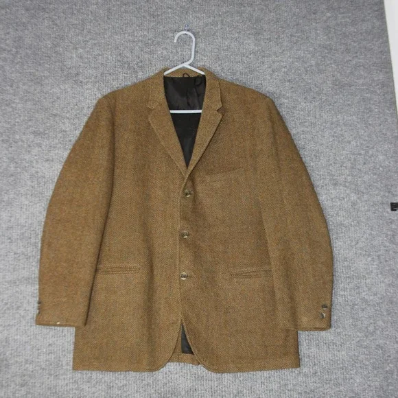 Vintage Harris Tweed Blazer Mens XL Brown Herringbone Wool Sport‎ Coat Jacket