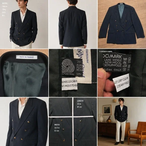 VTG Yves Saint Laurent Mens Double Breasted Blazer Black Wool Made in France M-L