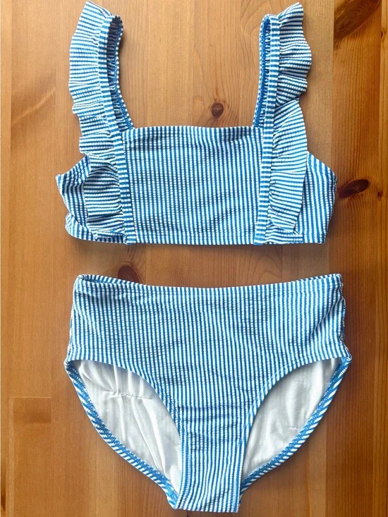 Girls Cat & Jack Blue & White Striped Ruffle Bikini Set.