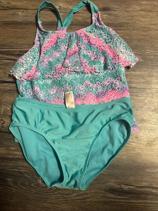 Cat & Jack Aqua and Pink Crochet Tankini Coverup Set
