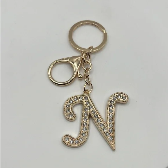 382. Gold Initial N Keychain with Rhinestones