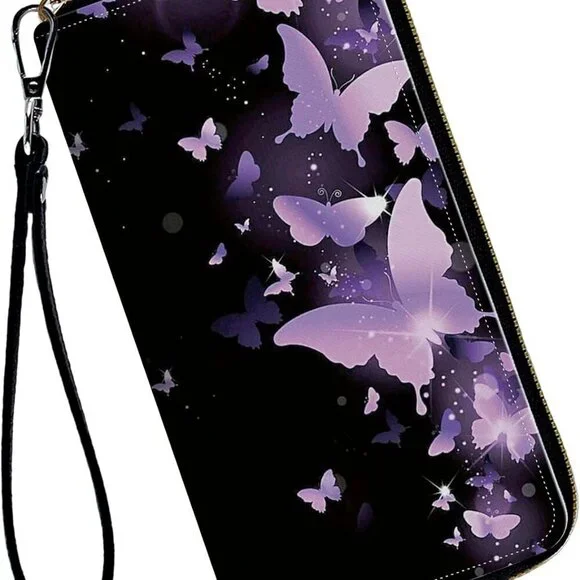 Leather Women's Wallet with Wristlet Large Capacity Card Phone Purse Purple
